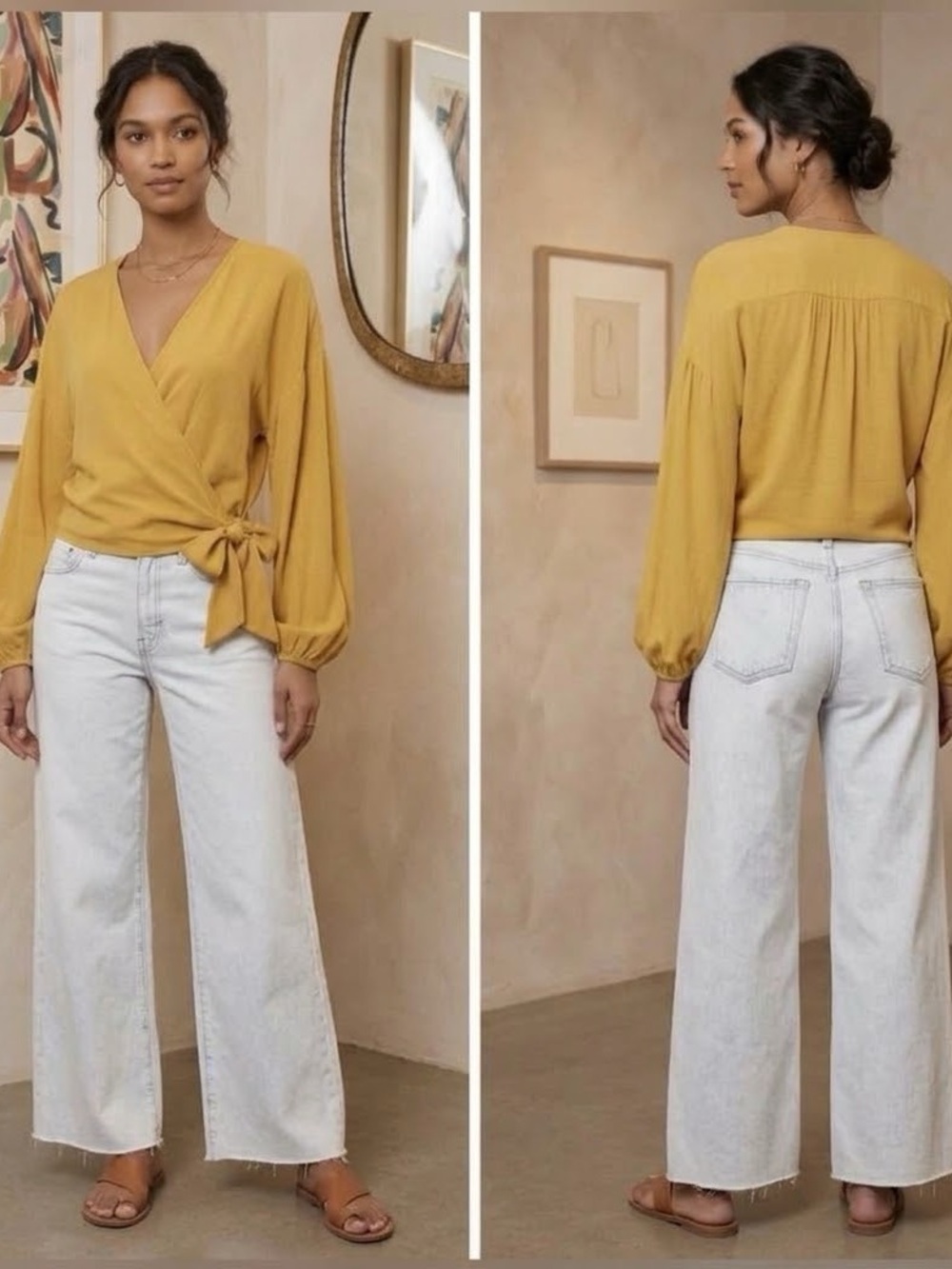 Madewell Raelynn Long Sleeve Gold Yellow Wrap Top Blouse with Side Tie Size XS